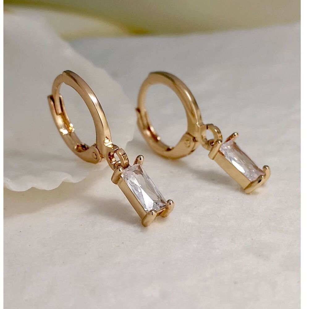 Rectangle Clear Zirconia Crystal Drop Hoop Gold Earrings Emerald Cut Gemstone